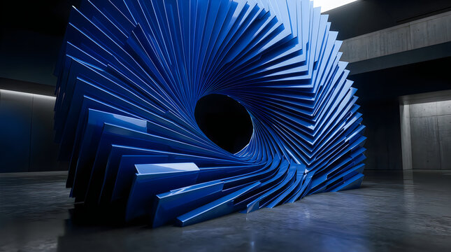 Abstract art installation featuring a large swirling structure made of many blue illuminated vertical light bars in dark room