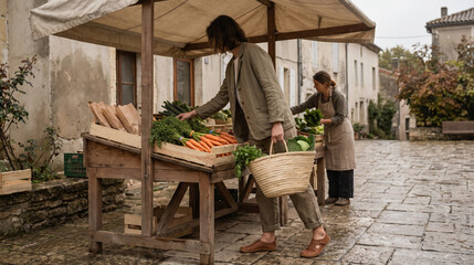 Fototapeta premium Customer Picks Fresh Vegetables at a Local Produce Stand