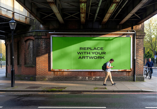 Large vertical billboard mockup displayed on a brick wall under railway bridge, realistic outdoor advertising presentation with pedestrian walking past, urban street scene