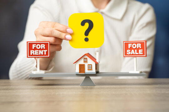 Buy or rent a house. Sell the house or rent it out for regular income. Property decision concept shows investment strategy, housing market choice, and income planning. Female hand and question mark