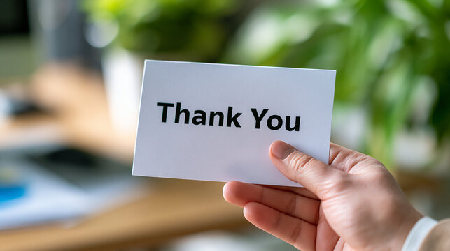 A hand holding a white card with Thank You text in an office setting. Great for customer appreciation and gratitude concepts.