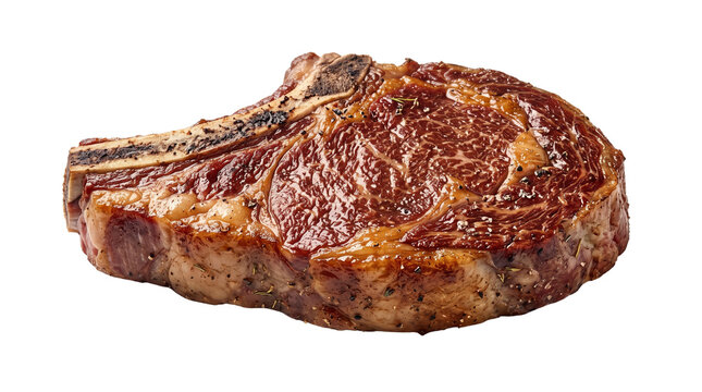 Grilled ribeye steak with bone, juicy seared beef ribeye on white background, cooked prime rib cut for restaurant menu