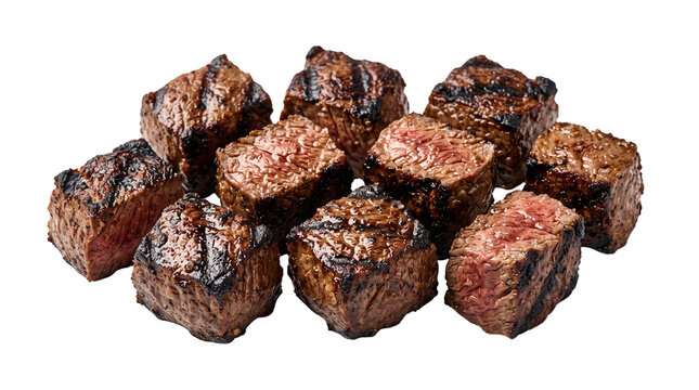 Grilled beef steak bites with char marks. Roasted meat cubes isolated on white. Juicy medium-rare steak pieces for menu design.