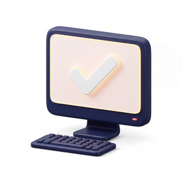3D Desktop Computer with Checkmark Icon for Verified Security and Success