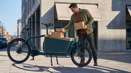 Obraz premium Courier boards an electric cargo bike at a bright downtown curb