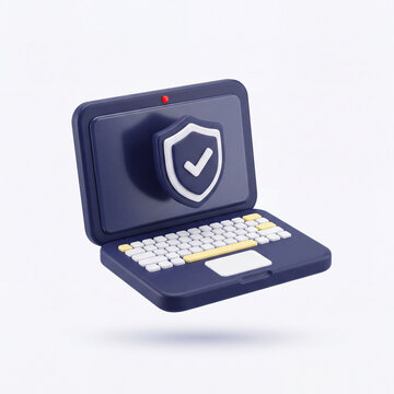 3D Laptop with Shield and Checkmark Icon for Cybersecurity Protection