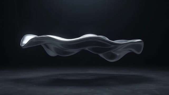Futuristic abstract metallic liquid wave floating in dark empty studio, smooth chrome fluid element with reflections 3D render