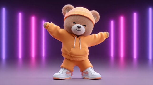 Cute cartoon bear character wearing orange hoodie and sneakers with colorful neon lights in the background, fun and playful concept