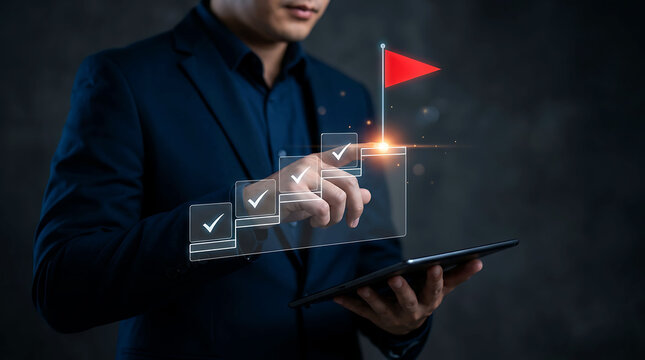 Businessman holding tablet touching virtual growth chart with success red flag