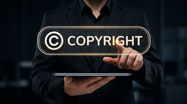 Businessman interacting with digital copyright symbol and protection interface