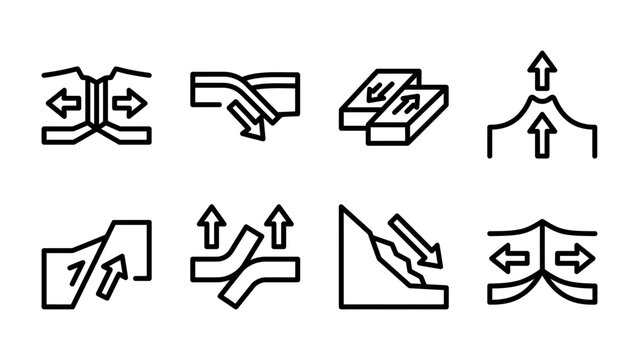 Tectonic Plate Boundaries Icons: A collection of eight black-and-white line icons illustrating different types of tectonic plate boundaries and geological phenomena, presented in a grid format.