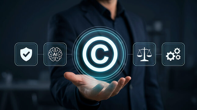 Businessman holding digital copyright and artificial intelligence concept icon