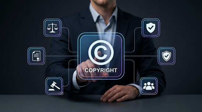Businessman touching a glowing digital copyright icon in a modern corporate office