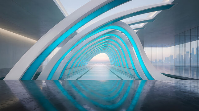 Futuristic architectural tunnel with glowing blue and pink neon lights reflecting in a calm indoor water pool