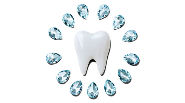 White tooth surrounded by blue gems isolated on transparent background PNG cutout