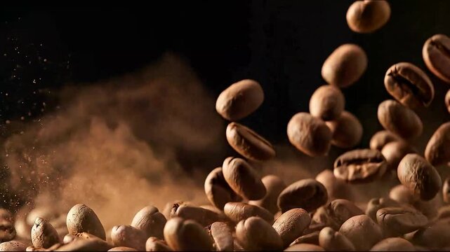 Fresh roasted coffee beans and hot coffee cup on a stylish background with copy space for advertising