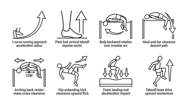 High Jump Technique Analysis: An infographic illustrating the key phases of a high jump, from approach and takeoff to bar clearance and landing, with detailed diagrams.