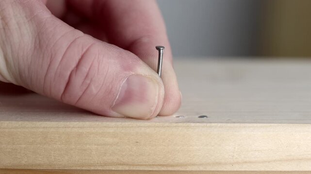 Man is hammering a nail into a wooden board.  Carpenter or handyman, DIY, crafts, repairs, work, tools.