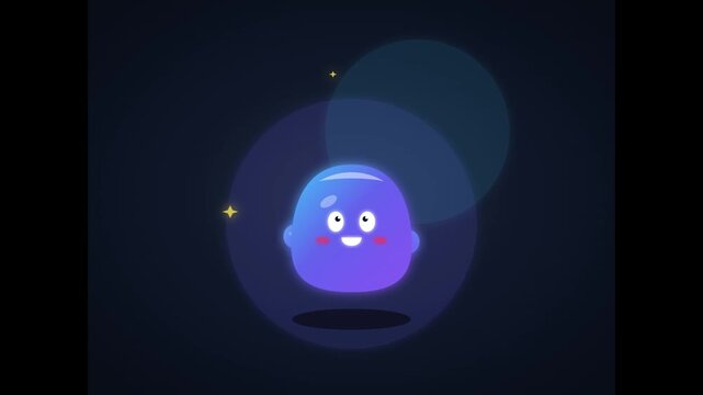 A cute, glowing purple jelly-like character with a friendly face floating in a dark, minimalist space with soft ambient light effects and small sparkling particles.