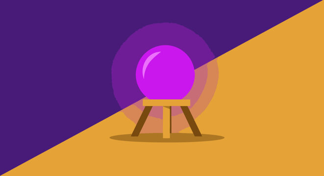 Purple glowing crystal ball on a wooden stand flat vector illustration representing magic, fortune telling, mystery, and future prediction.