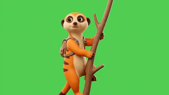 Cute 3D cartoon meerkat wearing backpack climbing a tree branch on green background