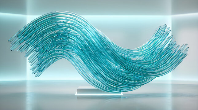 Abstract sculpture made of many small blue glass rods arranged in a flowing wave shape on a pedestal