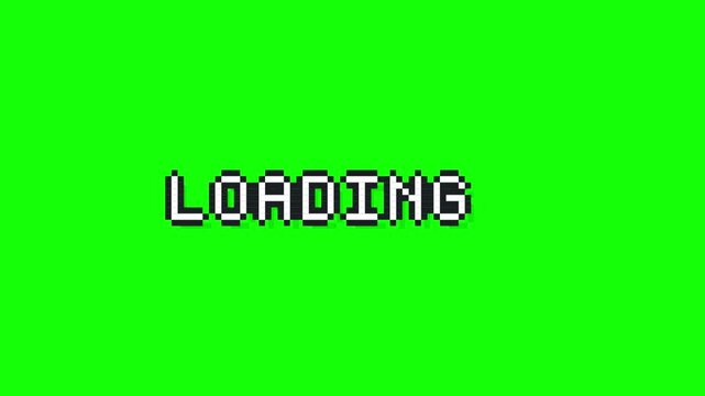 Pixel art loading screen animation with blinking dots. Retro 8-bit game style UI element on chroma key green background for video editing.