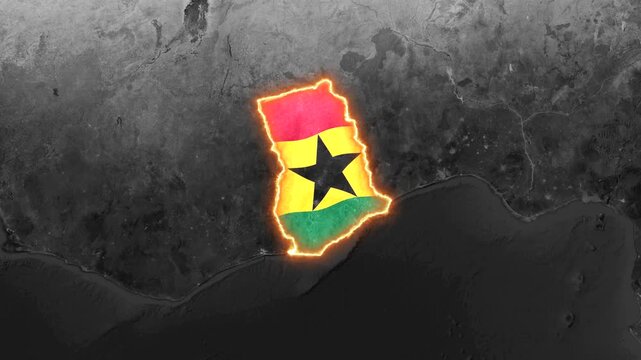 Ghana map outlined with flag and glowing embers, video motion clip