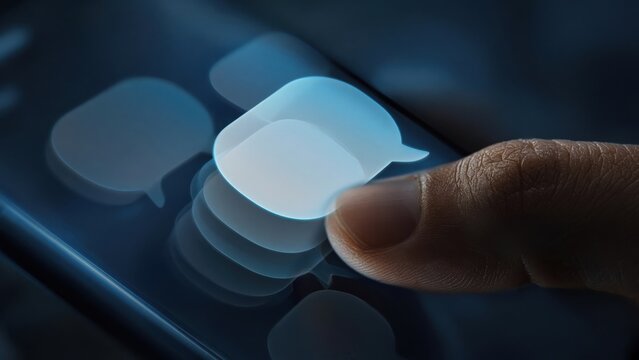 Finger Touching Glowing Text Message Bubble Icon on Phone