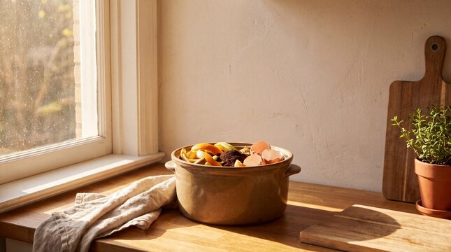sustainable kitchen practices, a compost bin filled with fruit scraps sits on a sunlit kitchen counter