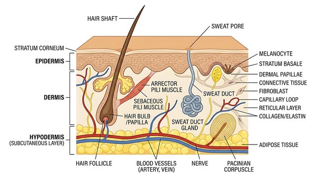 Detailed cross section diagram of human skin layers and anatomy with epidermis