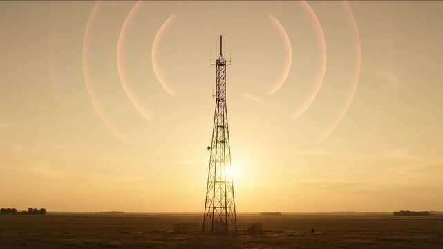 Cell tower emitting signal waves in a rural field at sunset
