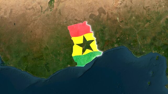 Ghana country map overlaid with flag animation in motion over Africa