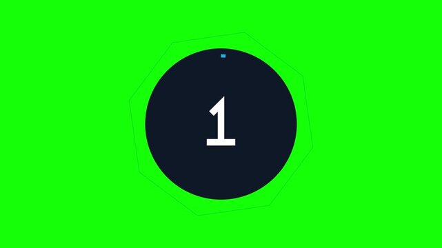 Modern digital countdown timer animation from 3 to 1 on green screen. Minimalist blue circle with white numbers for video production and chroma keying.