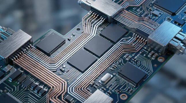 Macro of circuit traces, memory chips, and fiber connectors forming a resilient edge network