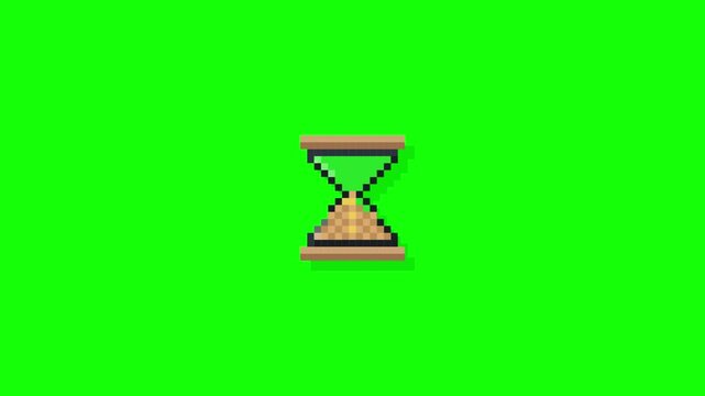 Pixel art hourglass icon with falling sand on green screen. Minimalist 8-bit design representing time management, loading progress, and countdown concepts for digital interfaces.