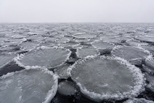 Sea ice pancakes jostling in a slow grey swell