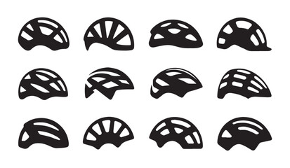 Naklejka premium Various cycling helmets in black silhouette designed for sports and recreational activities safety.