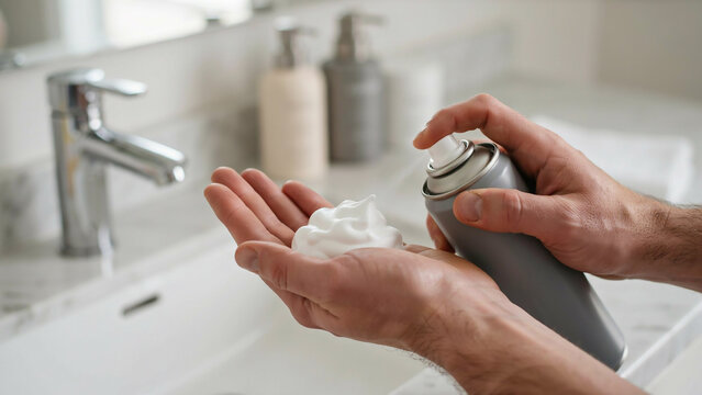Person applying shaving foam onto hand from aerosol can in bathroom