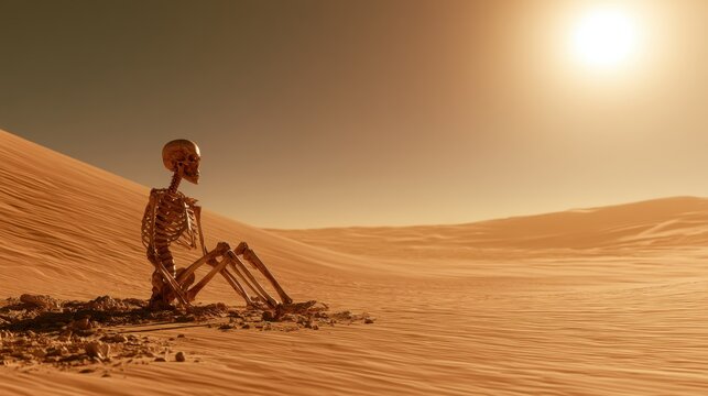 Human skeleton sitting on sand dune in vast barren desert under bright sun and clear sky during daytime