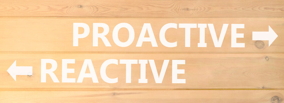 Proactive and reactive symbol. Concept word Proactive Reactive on beautiful wooden wall. Beautiful wooden wall background. Business proactive and reactive concept. Copy space.