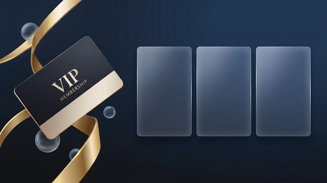 VIP membership plan flyer template with loyalty card, ribbons, and glassmorphism display banners.