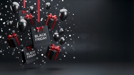 Fototapeta premium Black friday sale background with floating black gift boxes, shopping bags, and balloons with red ribbons on a dark background with falling confetti