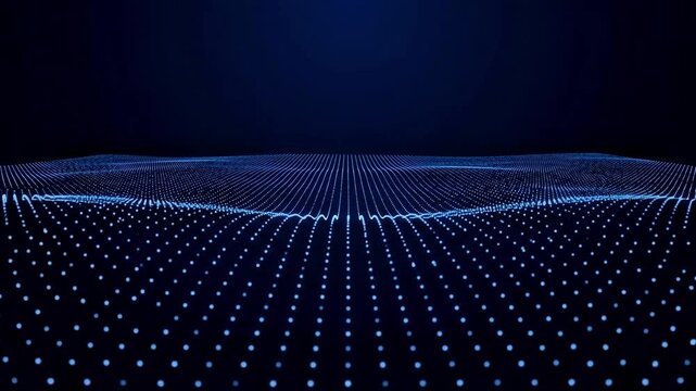 Digital wave pattern of blue glowing dots, abstract futuristic technology background, animation of moving particles, data flow, network structure, deep dark blue background.