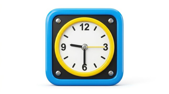 Modern 3D Square Analog Clock with Blue Frame and Yellow Ring Showing 9:30 Isolated on White Background