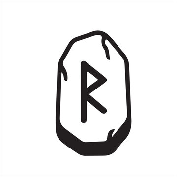 Black silhouette of rune stone with the Raido rune on a white background halloween theme