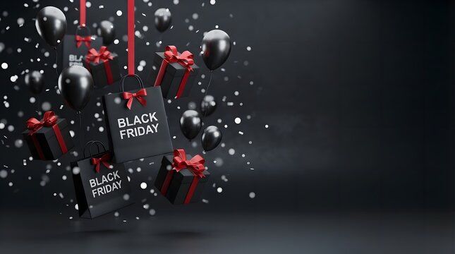 Black friday sale background with floating black gift boxes, shopping bags, and balloons with red ribbons on a dark background with falling confetti
