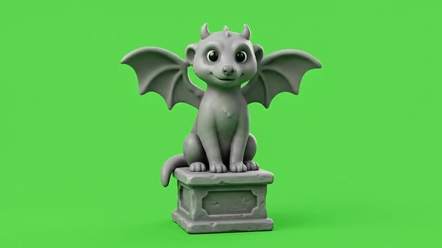 Cute stone gargoyle statue sitting on pedestal against green background