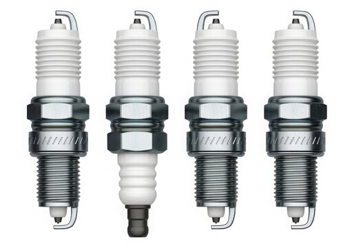 Four new car spark plugs in a row isolated on white background