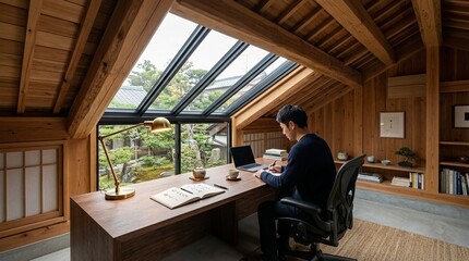 Obraz premium Man working at desk in attic studio with skylight and garden view